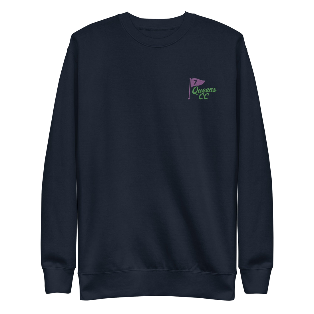 Queens Country Club sweatshirt with front left chest flag logo and large back graphic reading “Queens Country Club – The City’s Country Club