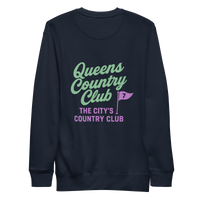 Queens Country Club sweatshirt with front left chest flag logo and large back graphic reading “Queens Country Club – The City’s Country Club