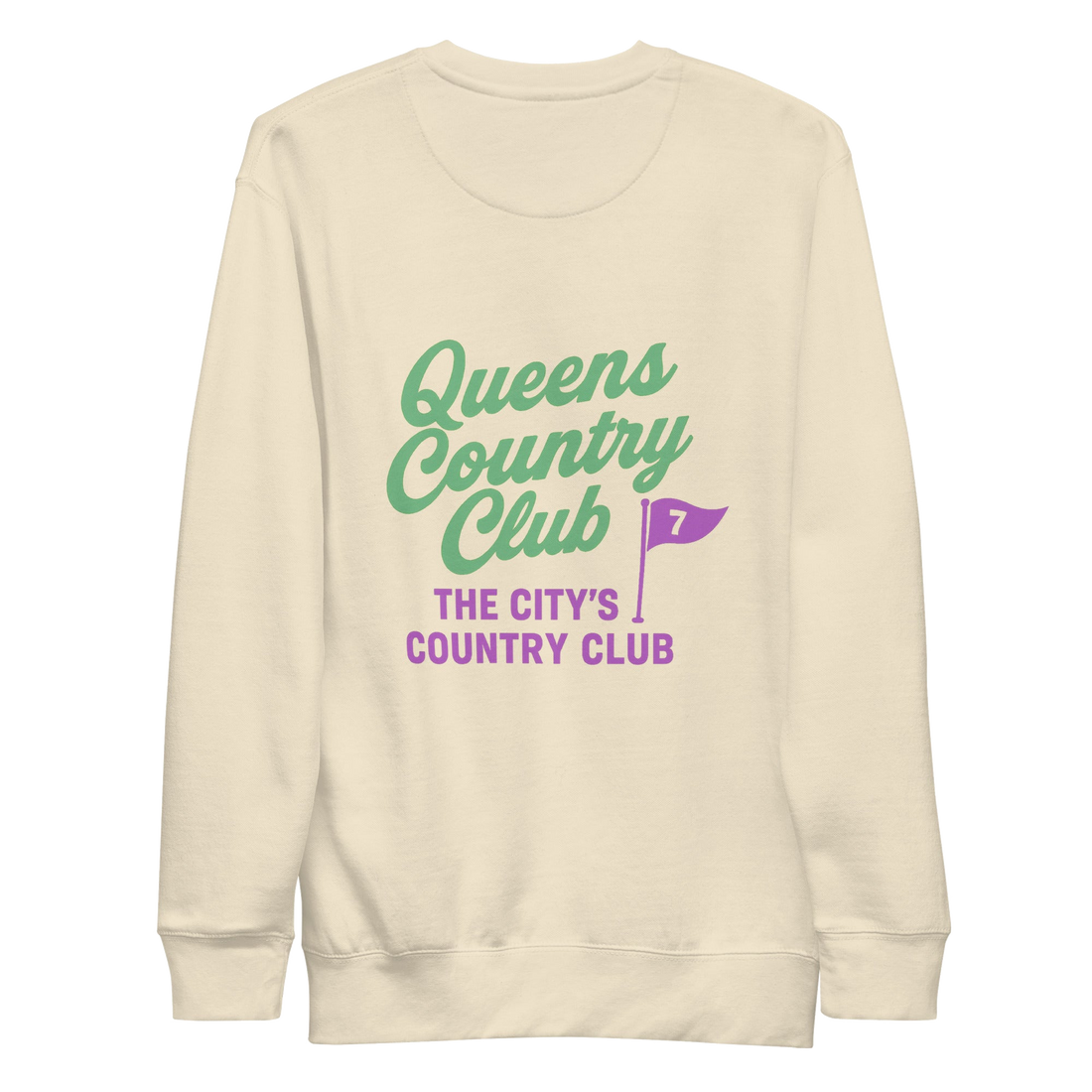 Queens Country Club sweatshirt with front left chest flag logo and large back graphic reading “Queens Country Club – The City’s Country Club