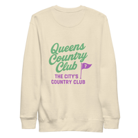 Queens Country Club sweatshirt with front left chest flag logo and large back graphic reading “Queens Country Club – The City’s Country Club