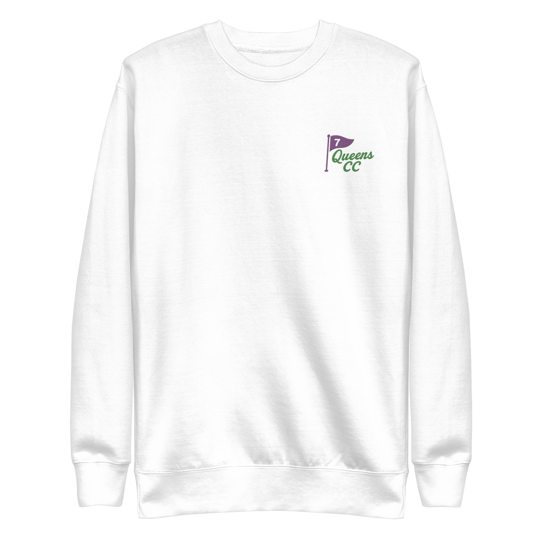 Queens Country Club sweatshirt with front left chest flag logo and large back graphic reading “Queens Country Club – The City’s Country Club