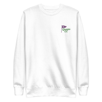 Queens Country Club sweatshirt with front left chest flag logo and large back graphic reading “Queens Country Club – The City’s Country Club