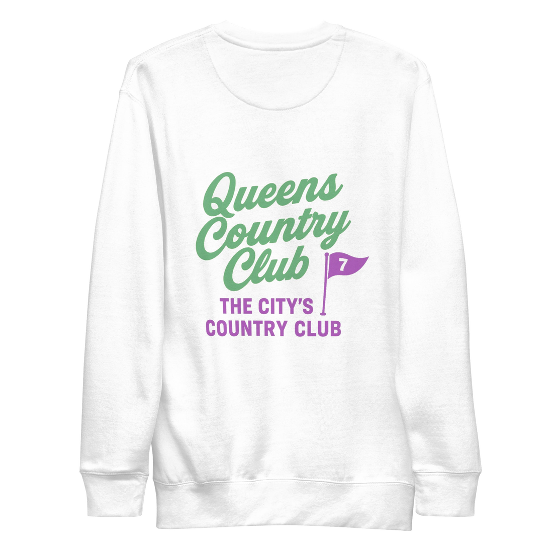 Queens Country Club sweatshirt with front left chest flag logo and large back graphic reading “Queens Country Club – The City’s Country Club