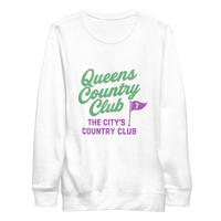 Queens Country Club sweatshirt with front left chest flag logo and large back graphic reading “Queens Country Club – The City’s Country Club