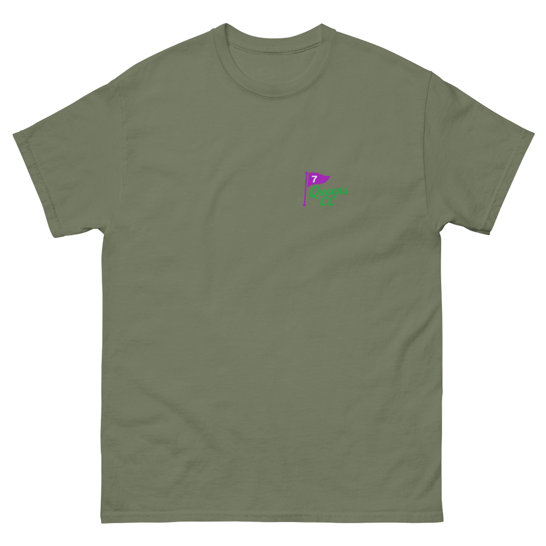 Green t-shirt with a small logo on the chest against a white background | Queens Country Club
