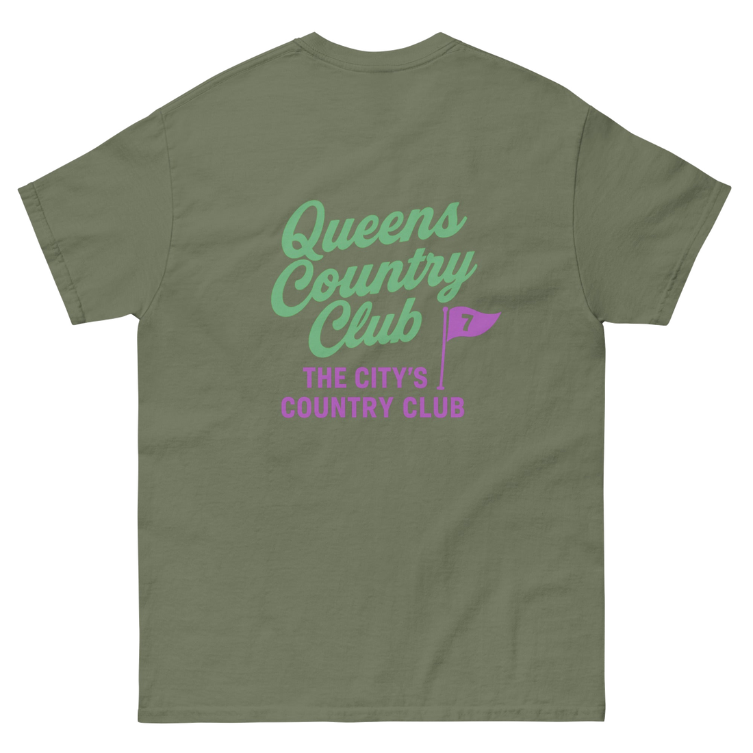 Green t-shirt with 'Queens Country Club' text and a pink flag graphic