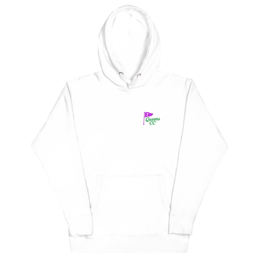 White hoodie with a logo on the chest against a white background | Queens Country Club