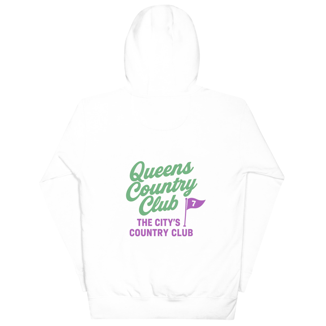 White hoodie with 'Queens Country Club' text and logo