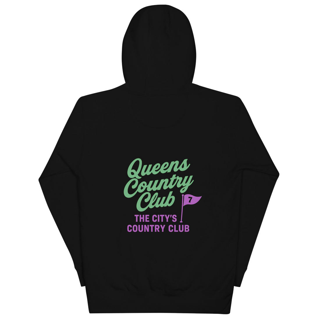 hoodie with QCC chest flag and bold back graphic. “The City’s Country Club” slogan repping NYC golf pride and everyday borough lifestyle. | Queens…