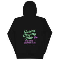 hoodie with QCC chest flag and bold back graphic. “The City’s Country Club” slogan repping NYC golf pride and everyday borough lifestyle. | Queens…