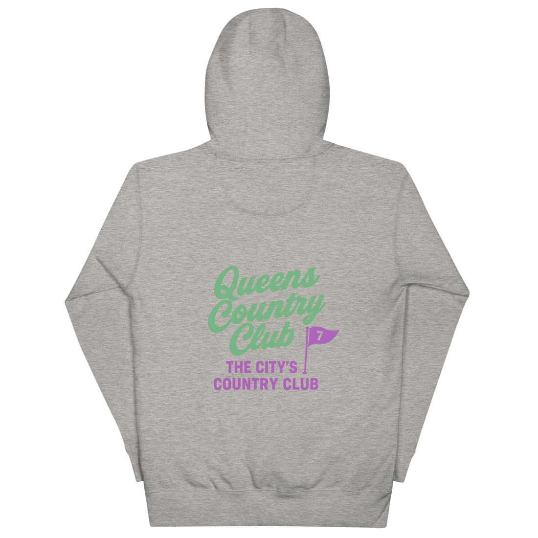 Carbon grey hoodie with QCC chest flag and bold back graphic. “The City’s Country Club” slogan repping NYC golf pride and everyday borough lifestyle |…