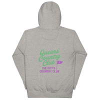 Carbon grey hoodie with QCC chest flag and bold back graphic. “The City’s Country Club” slogan repping NYC golf pride and everyday borough lifestyle |…
