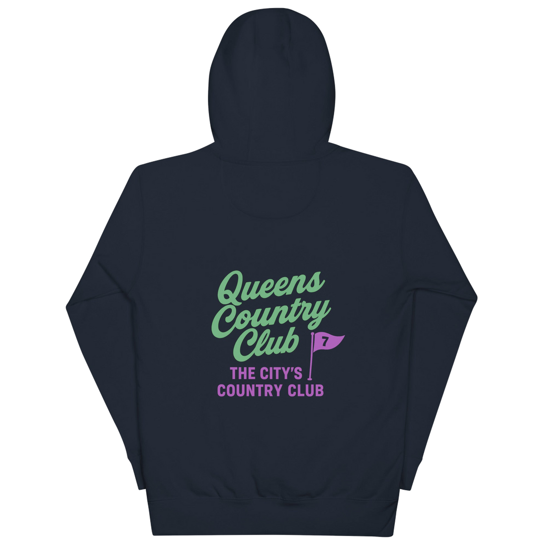 Navy hoodie with Queens Country Club flag logo on front and large back design featuring “Queens Country Club” text and 7-flag with “The City’s Country Club