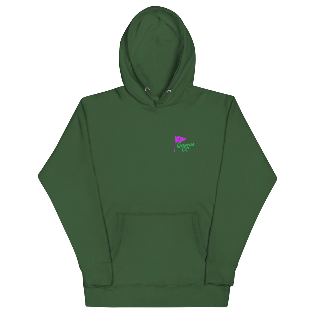 Green hoodie with Queens Country Club flag logo on front and large back design featuring “Queens Country Club” text and 7-flag with “The City’s Country…