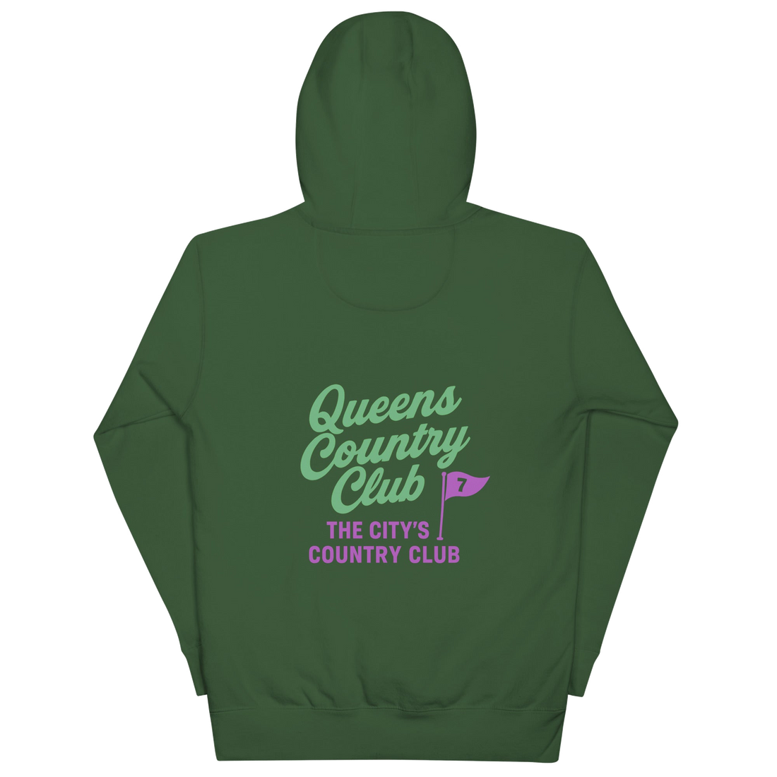 Green hoodie with Queens Country Club flag logo on front and large back design featuring “Queens Country Club” text and 7-flag with “The City’s Country…