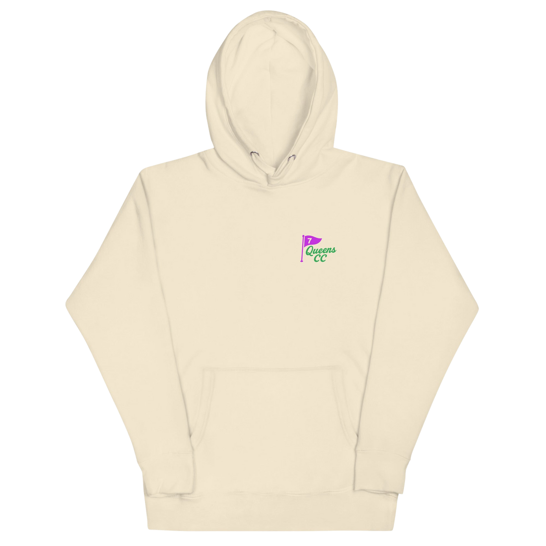 hoodie with Queens Country Club flag logo on front and large back design featuring “Queens Country Club” text and 7-flag with “The City’s Country Club.”