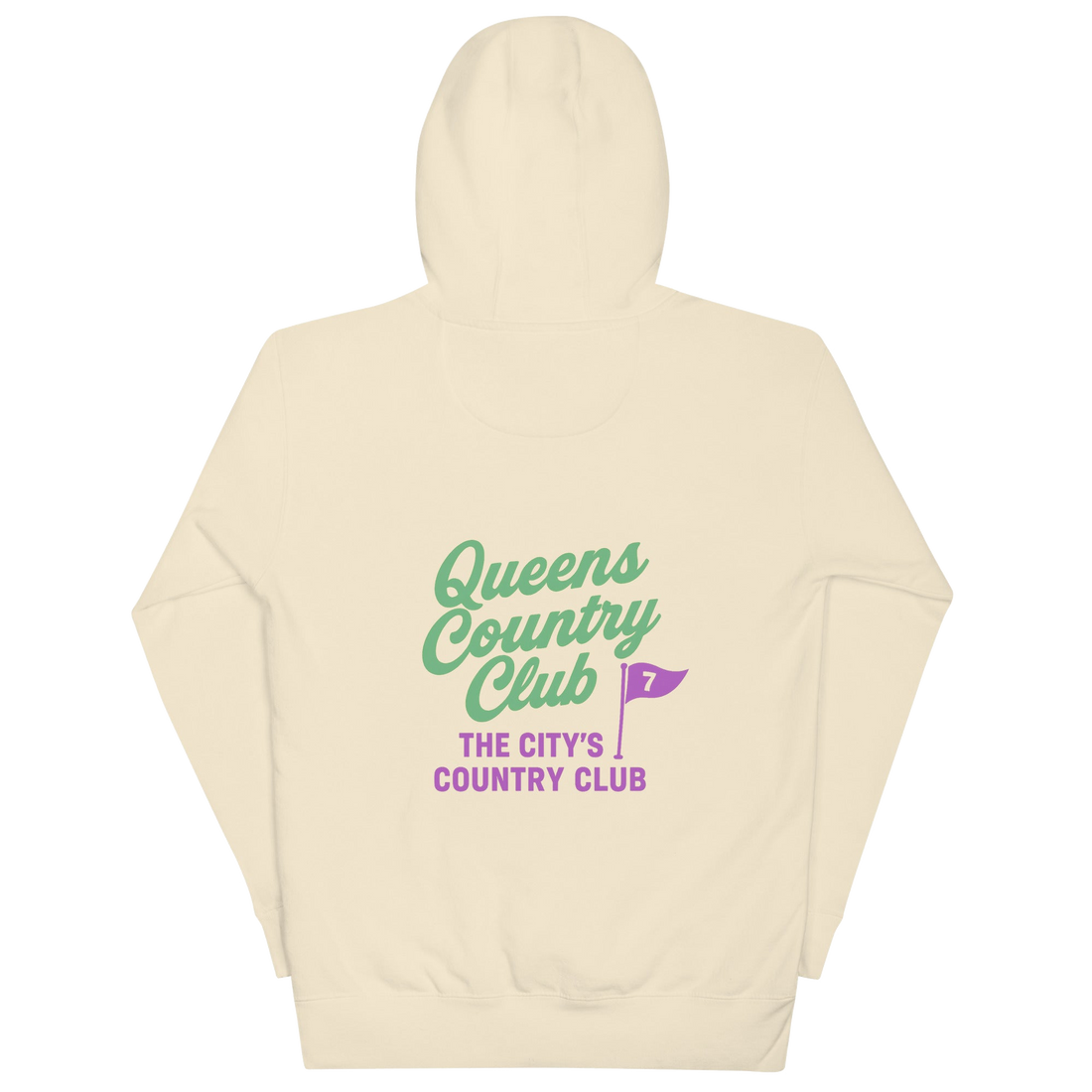 Beige hoodie with 'Queens Country Club' text and logo