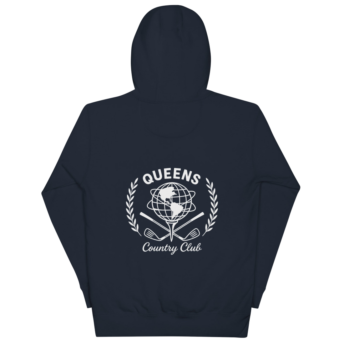 Queens Unisphere Golf Ball Tee Hoodie Navy Back | Queens Country Club
