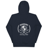 Queens Unisphere Golf Ball Tee Hoodie Navy Back | Queens Country Club
