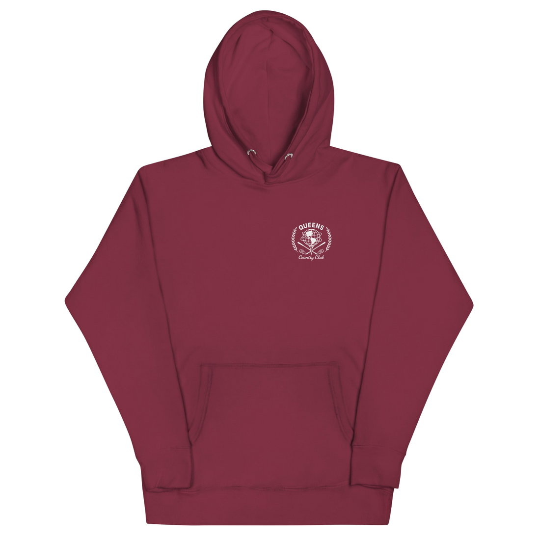 Queens Unisphere Golf Ball Tee Hoodie Maroon Front | Queens Country Club