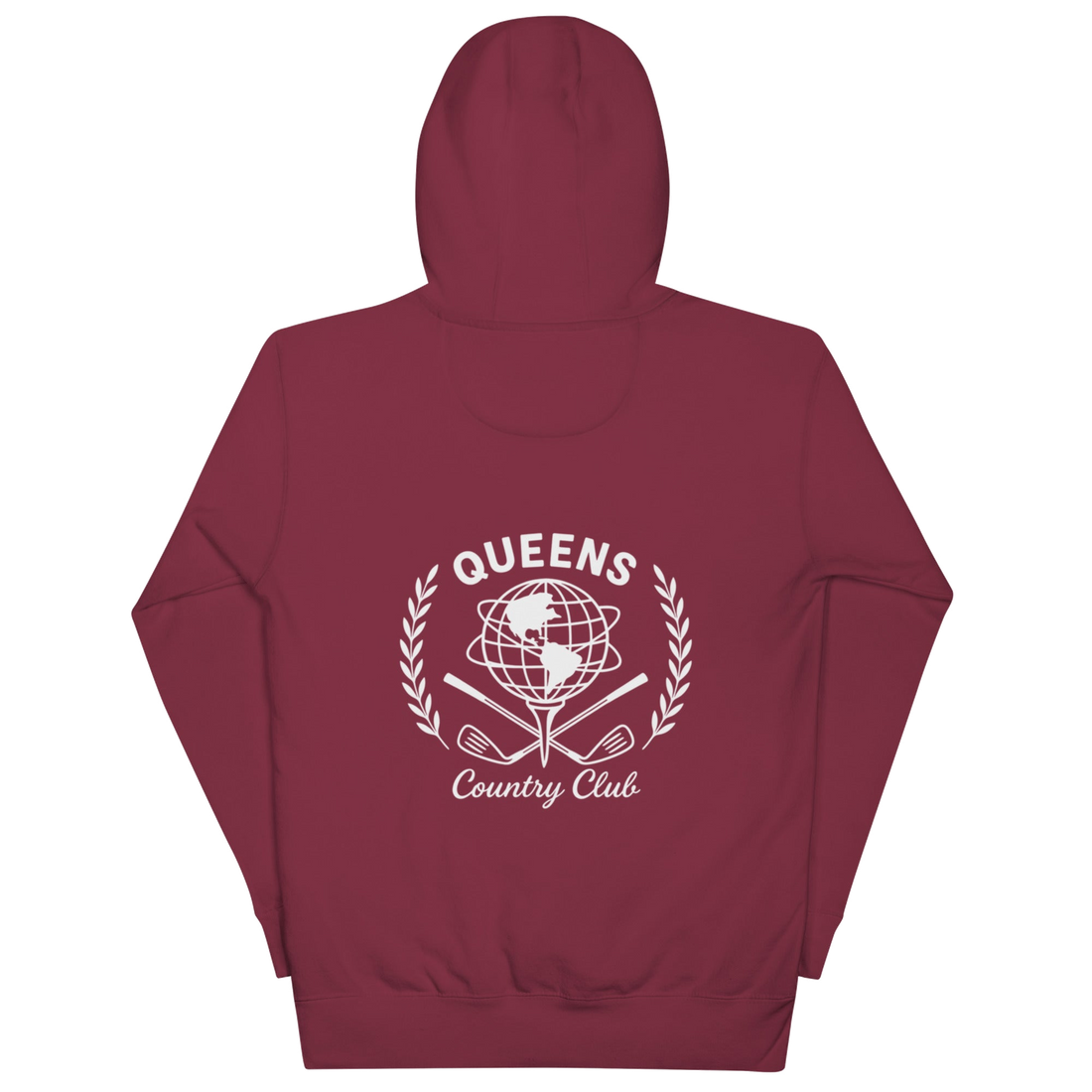 Queens Unisphere Golf Ball Tee Hoodie Maroon Back | Queens Country Club
