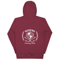 Queens Unisphere Golf Ball Tee Hoodie Maroon Back | Queens Country Club