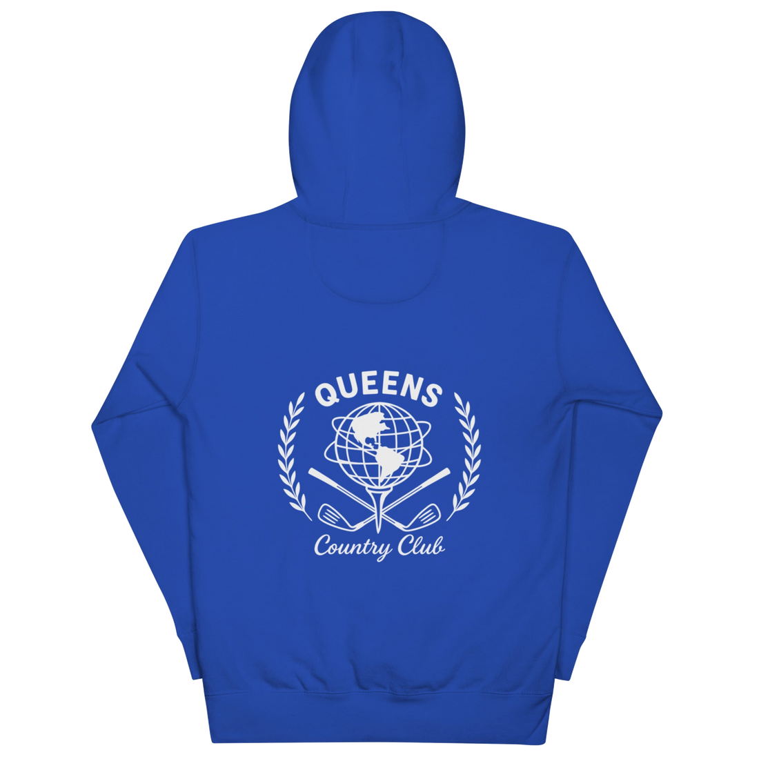 Queens Unisphere Golf Ball Tee Hoodie Royal Blue Back | Queens Country Club