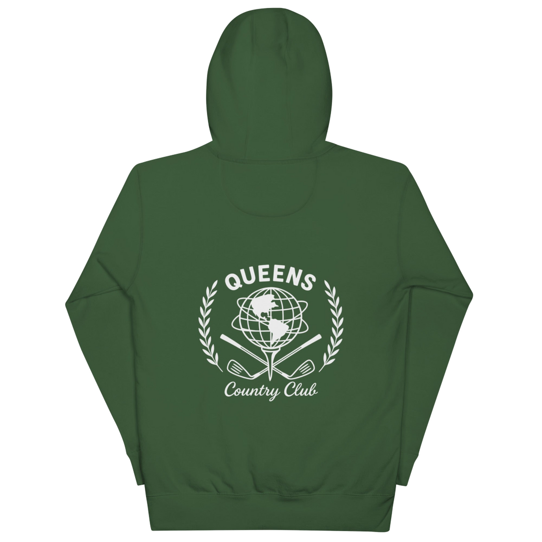 Queens Unisphere Golf Ball Tee Hoodie Forest Green Back | Queens Country Club