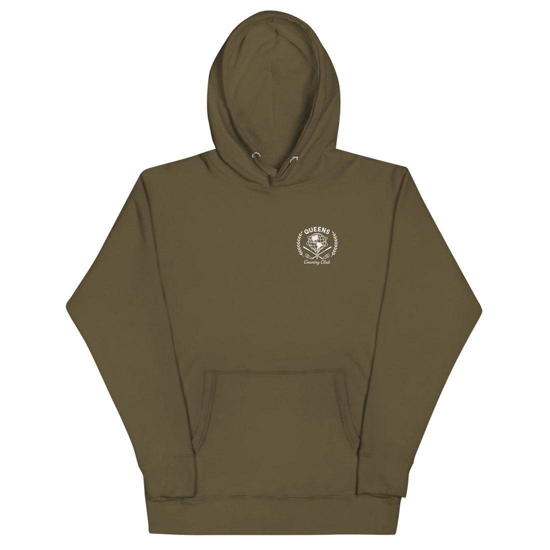 Queens Unisphere Golf Ball Tee Hoodie Military Green Front | Queens Country Club