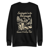 Black Queens Country Club sweatshirt with cream graphic showing a squirrel driving a golf cart, Queensboro Bridge, Unisphere, and NYC skyline; text…
