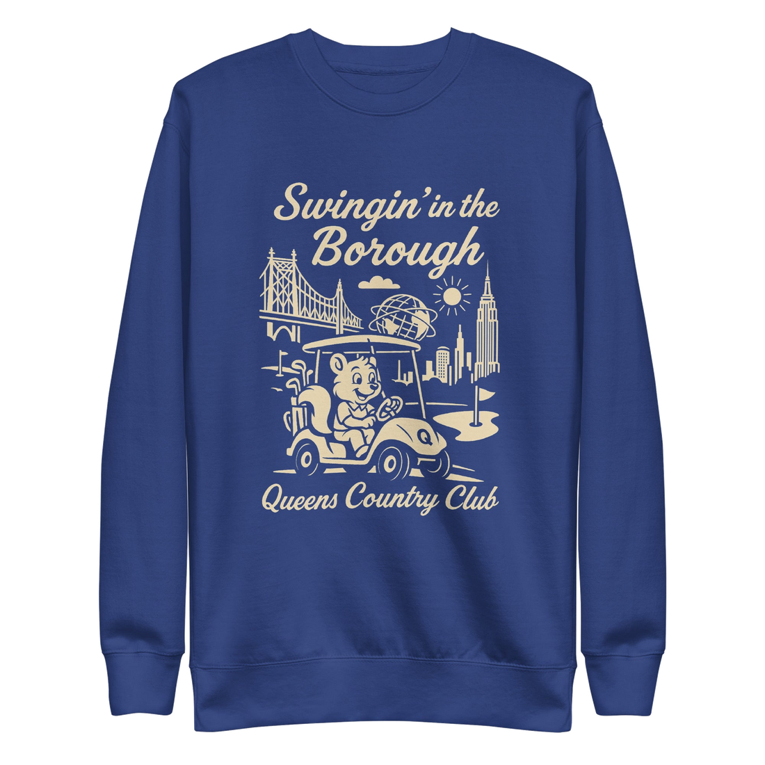 Queens Country Club sweatshirt with cream graphic showing a squirrel driving a golf cart, Queensboro Bridge, Unisphere, and NYC skyline; text reads…