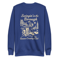 Queens Country Club sweatshirt with cream graphic showing a squirrel driving a golf cart, Queensboro Bridge, Unisphere, and NYC skyline; text reads…