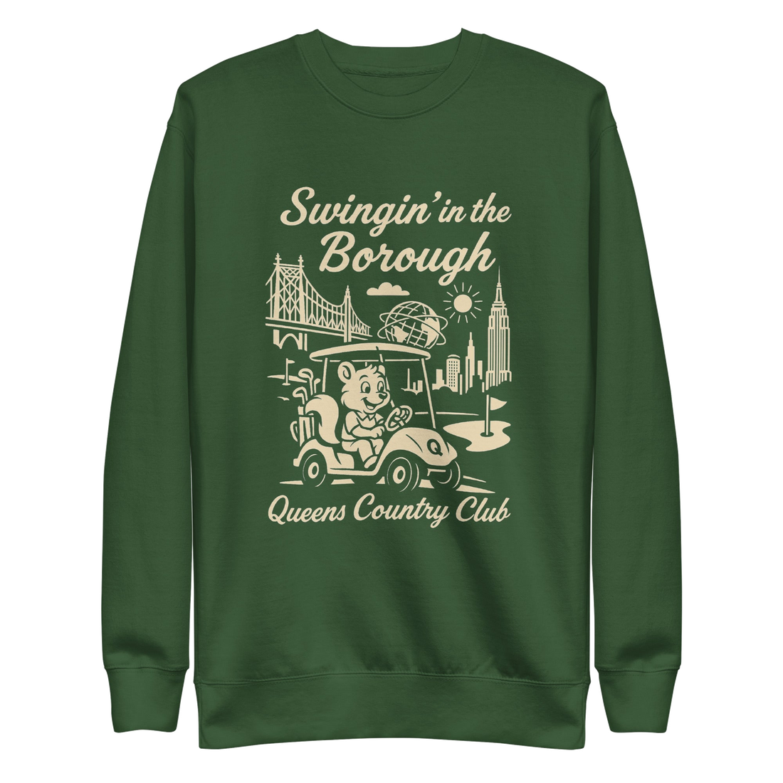 Queens Country Club sweatshirt with cream graphic showing a squirrel driving a golf cart, Queensboro Bridge, Unisphere, and NYC skyline; text reads…