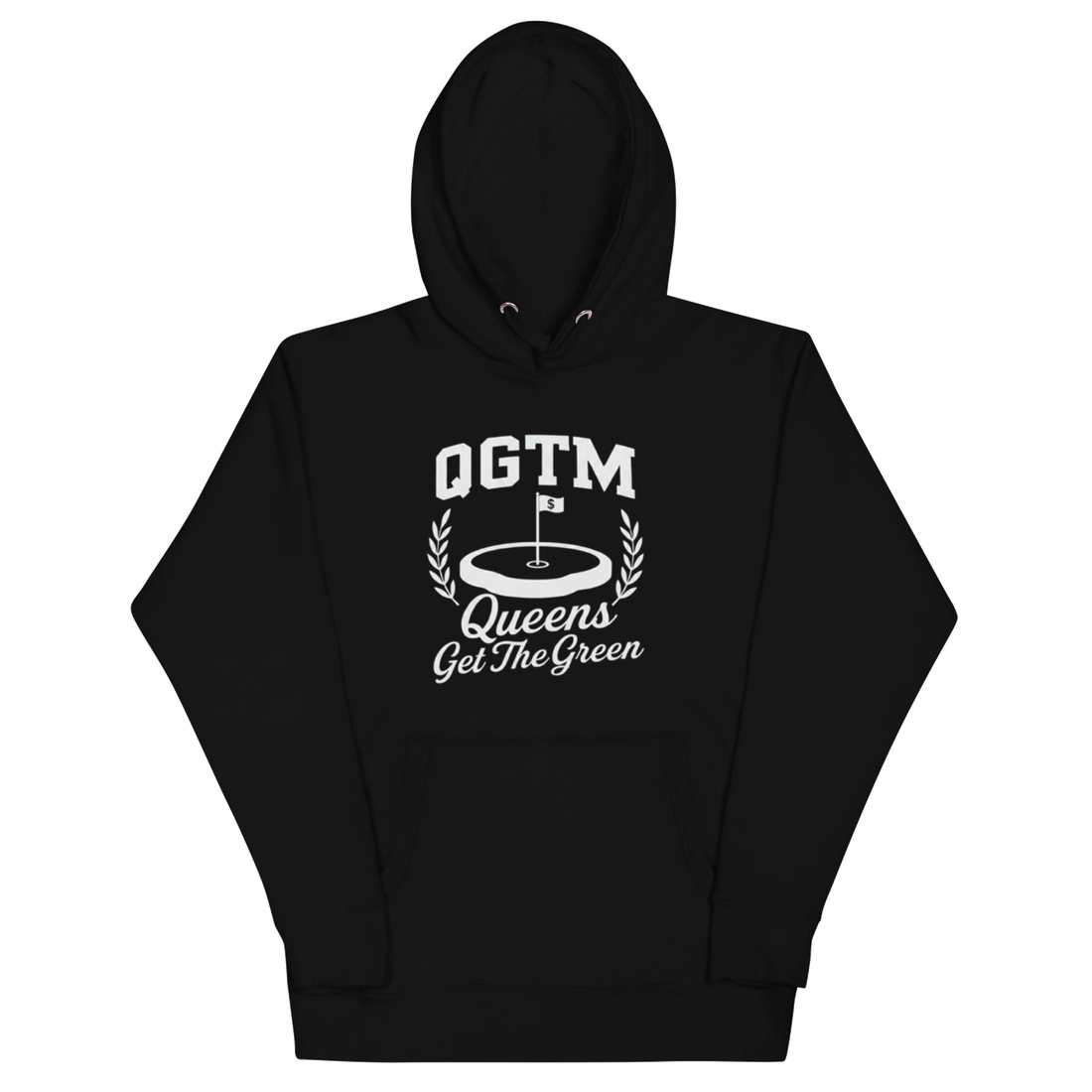 Black Queens Country Club QGTM hoodie featuring white Queens Get The Green graphic with golf flag and laurel wreath design