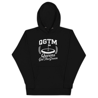 Black Queens Country Club QGTM hoodie featuring white Queens Get The Green graphic with golf flag and laurel wreath design