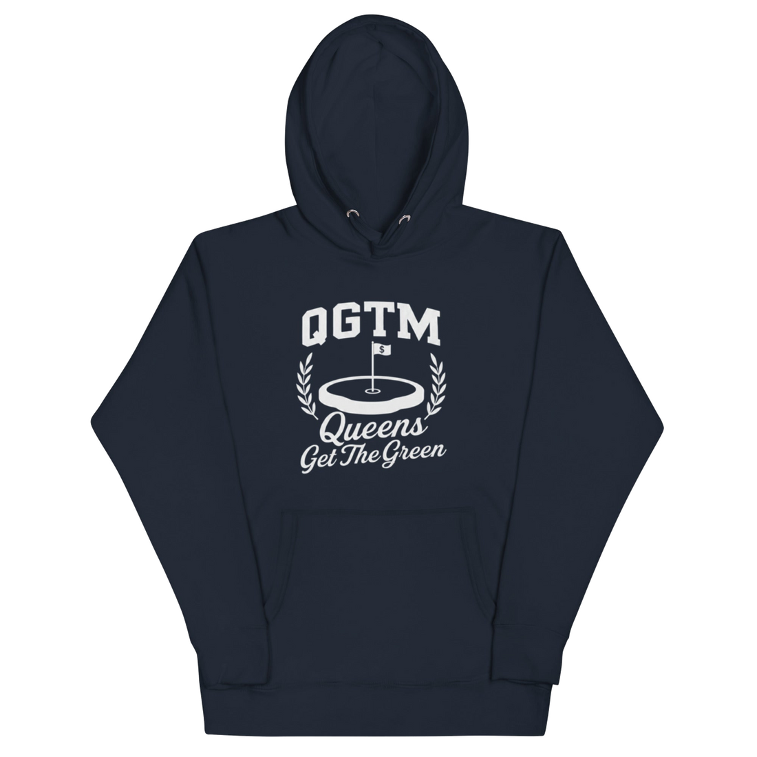 Navy Queens Country Club QGTM hoodie featuring white Queens Get The Green graphic with golf flag and laurel wreath design.