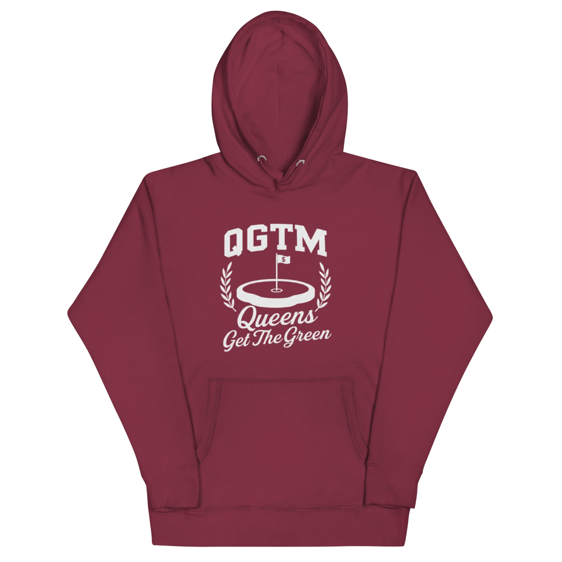 Maroon Queens Country Club QGTM hoodie featuring white Queens Get The Green graphic with golf flag and laurel wreath design.