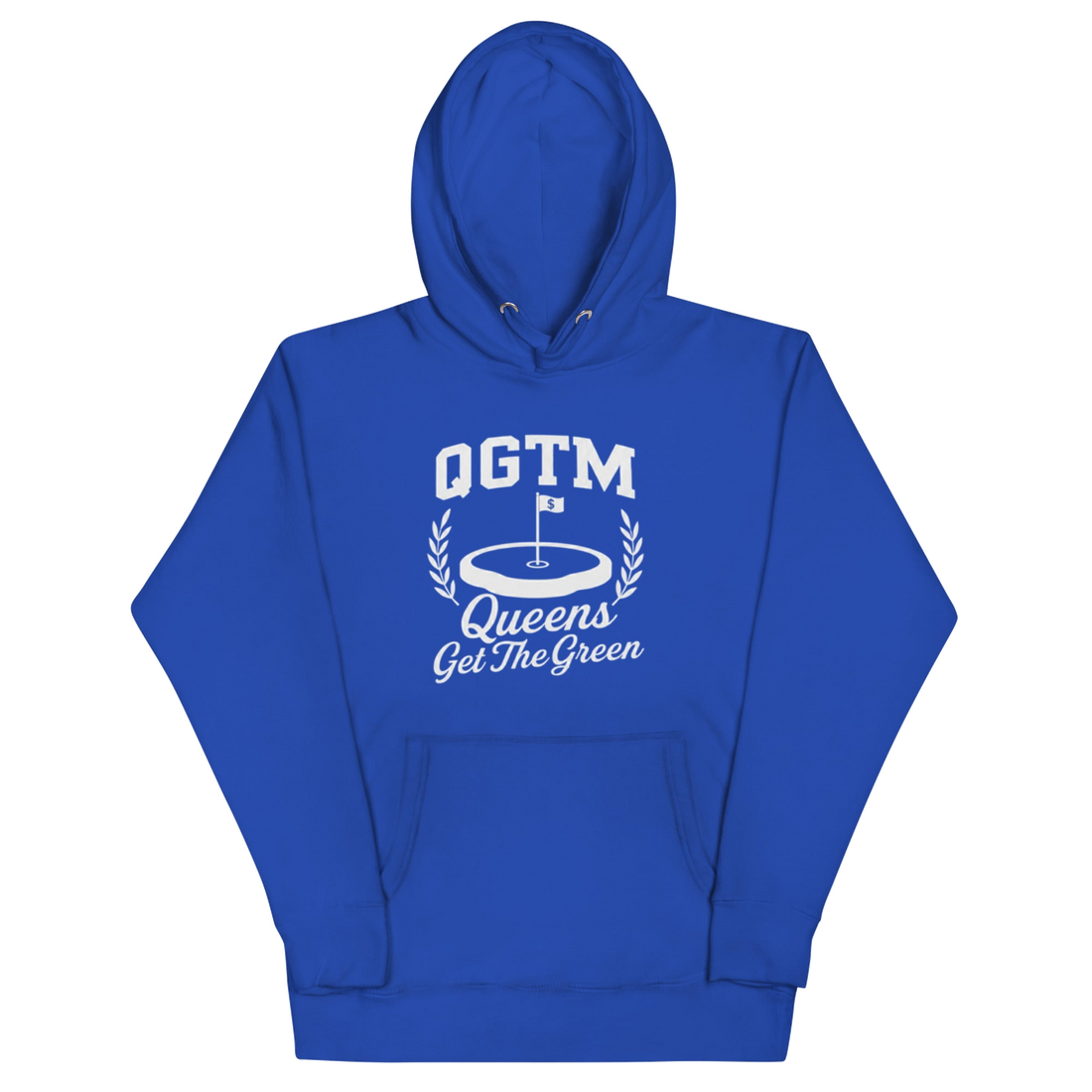 Royal Queens Country Club QGTM hoodie featuring white Queens Get The Green graphic with golf flag and laurel wreath design