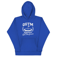 Royal Queens Country Club QGTM hoodie featuring white Queens Get The Green graphic with golf flag and laurel wreath design