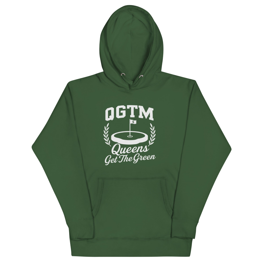 Green Queens Country Club QGTM hoodie featuring white Queens Get The Green graphic with golf flag and laurel wreath design