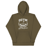 Military Green Queens Country Club QGTM hoodie featuring white Queens Get The Green graphic with golf flag and laurel wreath design