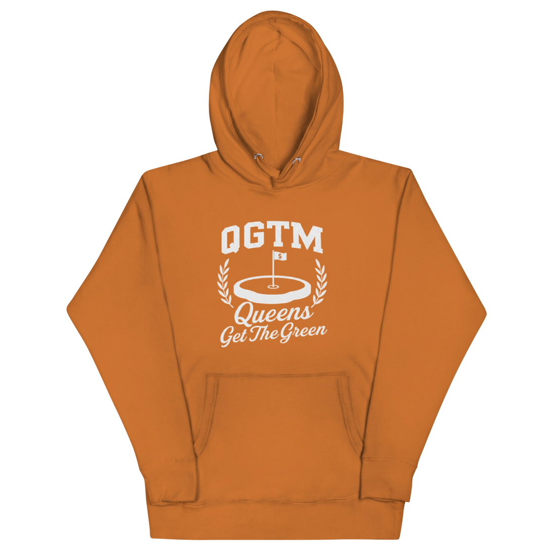 Adobe Queens Country Club QGTM hoodie featuring white Queens Get The Green graphic with golf flag and laurel wreath design