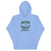 Carolina Blue Black Queens Country Club QGTM hoodie featuring white Queens Get The Green graphic with golf flag and laurel wreath design.