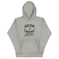 Carbon Grey Black Queens Country Club QGTM hoodie featuring white Queens Get The Green graphic with golf flag and laurel wreath design.