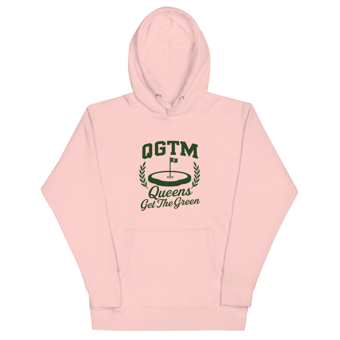Pink Queens Country Club QGTM hoodie featuring white Queens Get The Green graphic with golf flag and laurel wreath design