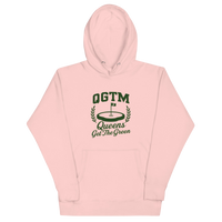 Pink Queens Country Club QGTM hoodie featuring white Queens Get The Green graphic with golf flag and laurel wreath design