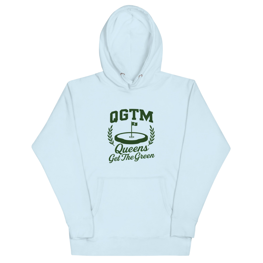 Sky Blue Queens Country Club QGTM hoodie featuring white Queens Get The Green graphic with golf flag and laurel wreath design