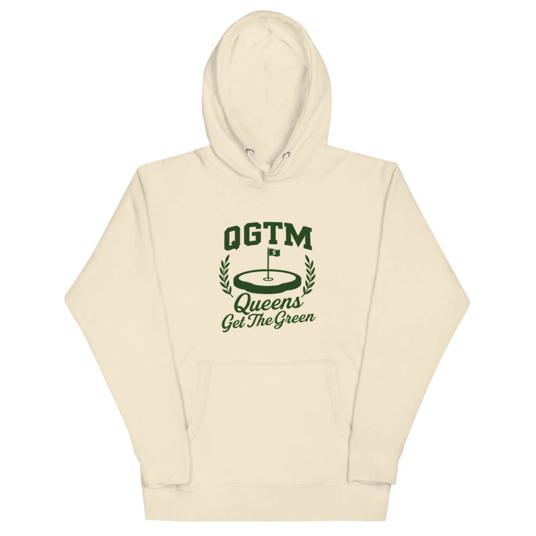 Bone color Queens Country Club QGTM hoodie featuring white Queens Get The Green graphic with golf flag and laurel wreath design