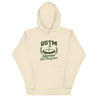 Bone color Queens Country Club QGTM hoodie featuring white Queens Get The Green graphic with golf flag and laurel wreath design