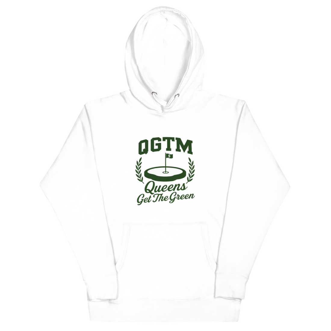 White Queens Country Club QGTM hoodie featuring white Queens Get The Green graphic with golf flag and laurel wreath design